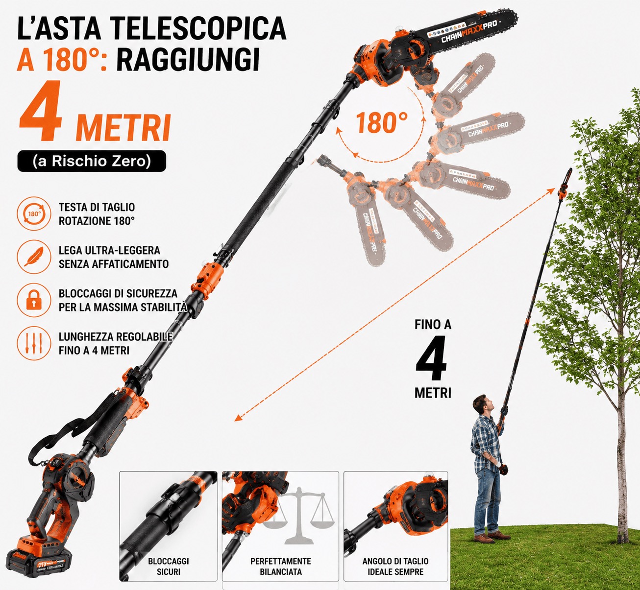 CHAINMAXXPRO — Asta telescopica fino a 4 metri con testa snodabile a 180°: poti in sicurezza dal prato