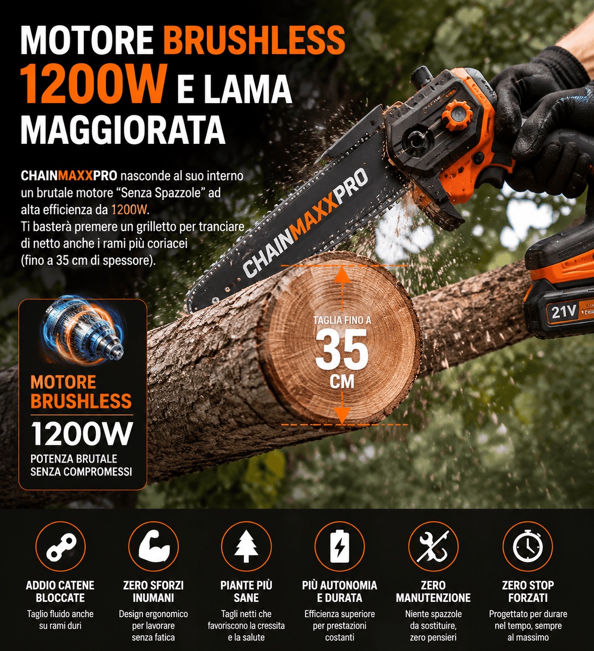 CHAINMAXXPRO con motore brushless 1200W e lama maggiorata che taglia un ciocco da 35 cm