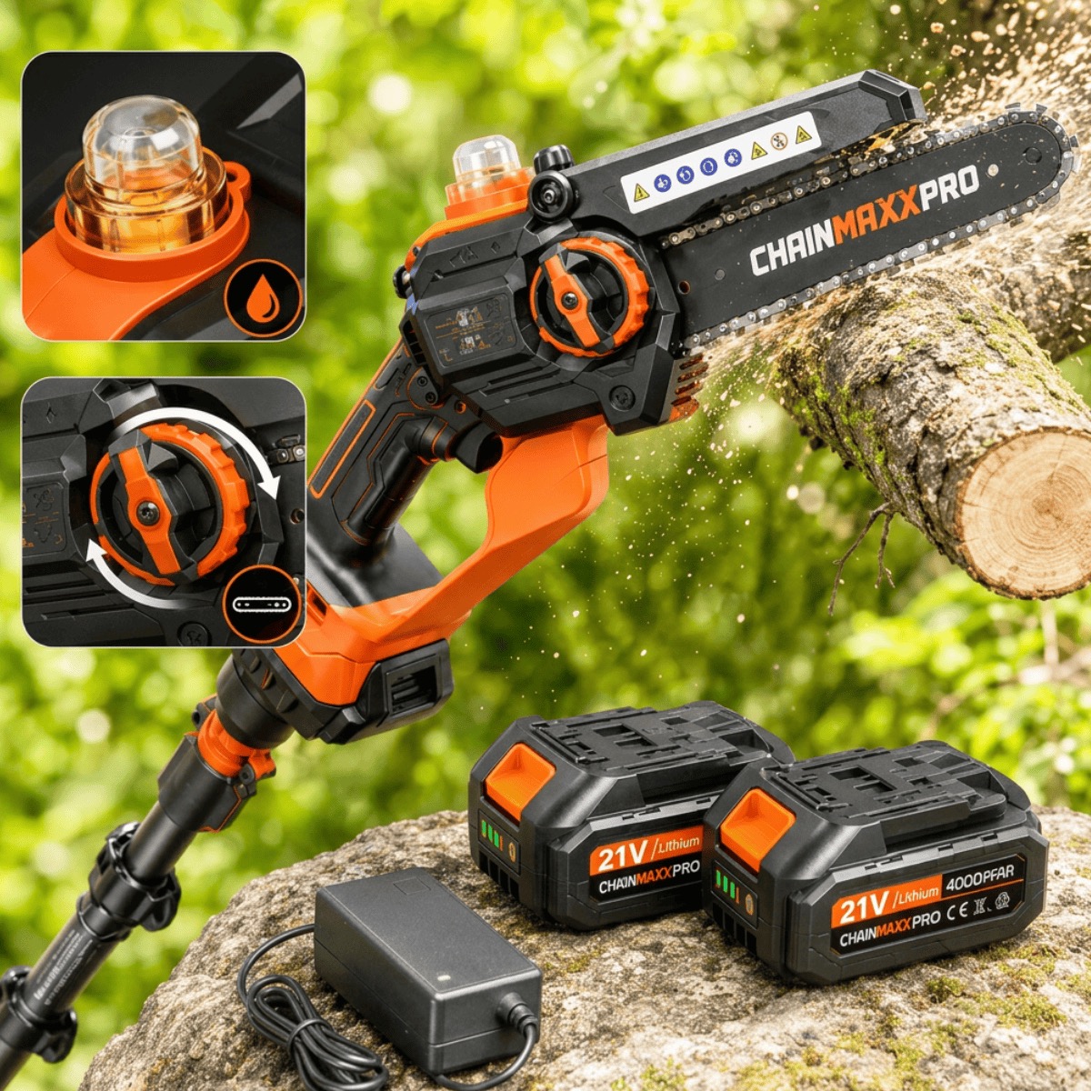 Dettaglio del sistema di lubrificazione automatica CHAINMAXXPRO e delle 2 batterie al litio da 4000 mAh